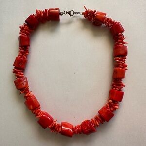 Vintage Red Coral Chunky Barrel Beads Necklace with Sterling Silver Clasp